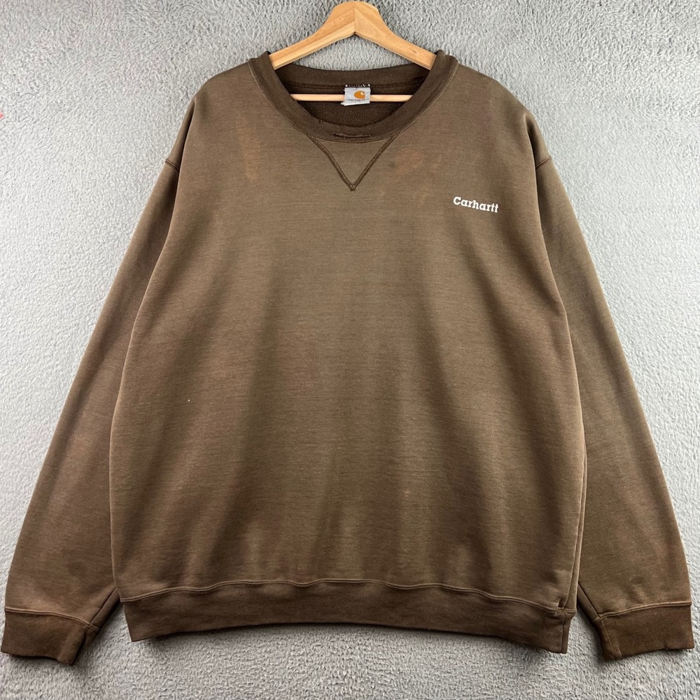 Vintage Carhartt Mens Brown Crewneck Sweatshirt Embroidered Logo V-Stitch XXL